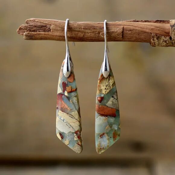 Silver Stained Glass Style Drop Earrings Dangle Gemstone Retro Boho Colorful New - Picture 1 of 5